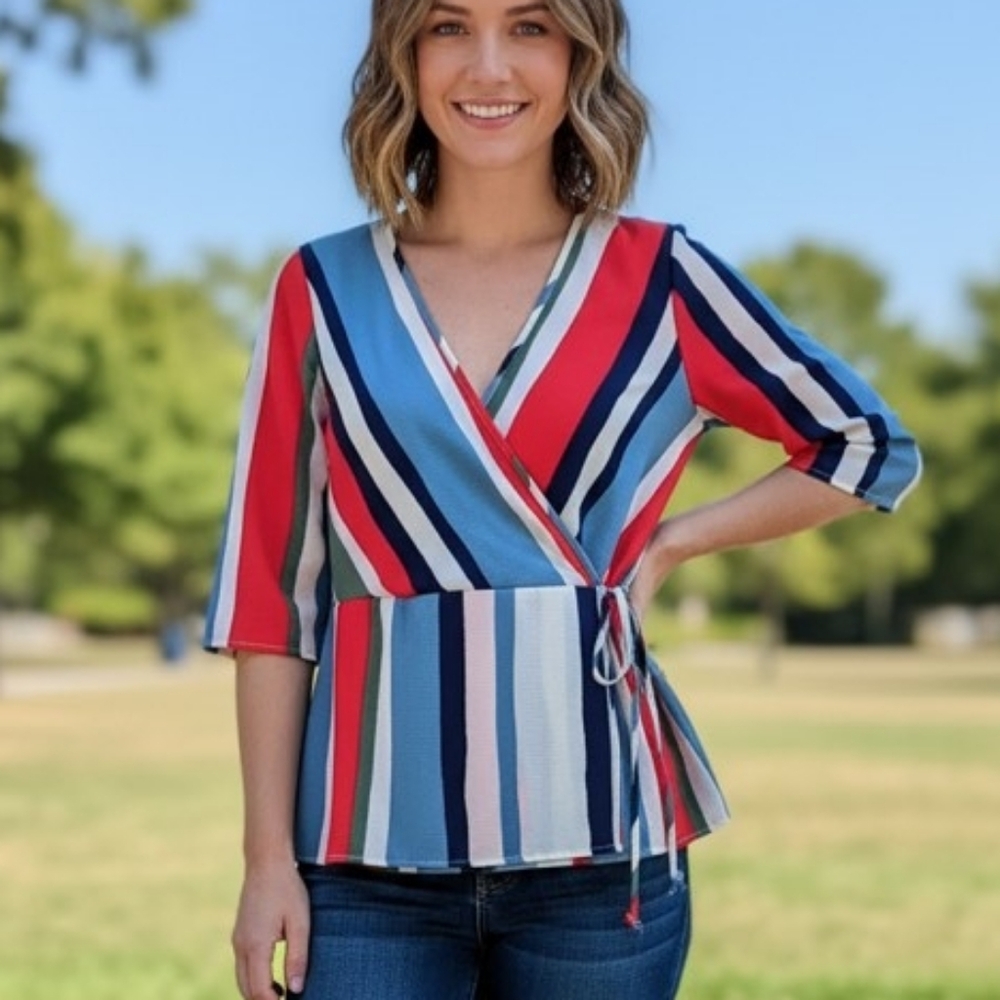 Sienna Sky Multi-Striped Wrap Top in Blue, Red, Green, Navy & White Large Blouse
